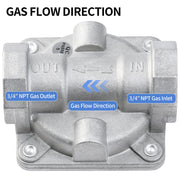 Gas valve with labeled gas flow direction, 3/4" NPT gas outlets and 3/4" NPT gas inlet
