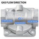 Gas valve with labeled gas flow direction, 3/4" NPT gas outlets and 3/4" NPT gas inlet