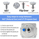 Instructions for swapping between natural gas and propane gas on a mechanical component.