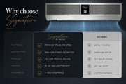Air conditioning unit with features listed on a dark background, showing the advantages of Awoco Signature air curtains, comparing to other lesser products.