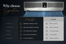 Air conditioning unit with features listed on a dark background, showing the advantages of Awoco Signature air curtains, comparing to other lesser products.
