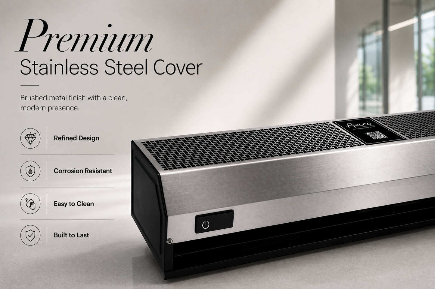 Awoco signature series air curtain with premium stainless steel cover and brushed metal finish