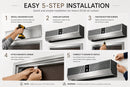 Step-by-step installation guide for Awoco DC36 air curtain with hands performing each step.
