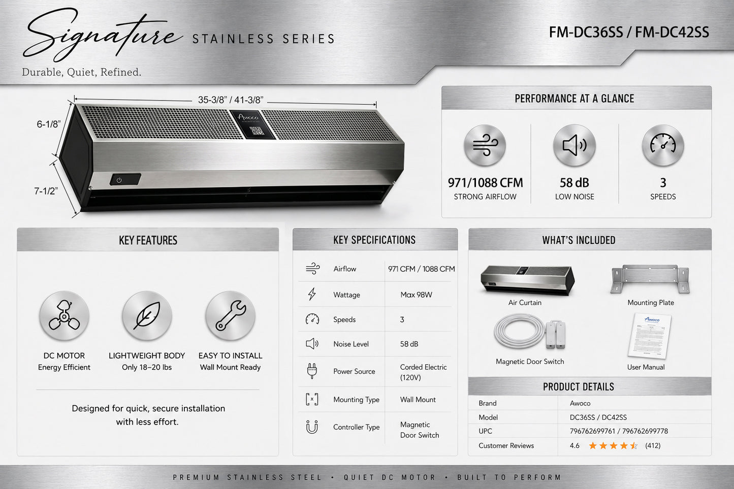 Product specification sheet for Signature Stainless Series Air Curtain with details on size, dimensions, airflow, and specifications.