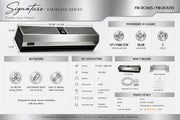 Product specification sheet for Signature Stainless Series Air Curtain with details on size, dimensions, airflow, and specifications.