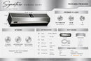 Product specification sheet for Signature Stainless Series Air Curtain with details on size, dimensions, airflow, and specifications.
