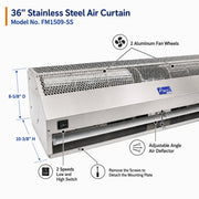 36" stainless steel air curtain, 2 aluminum fan wheels, adjustable angle air deflector.