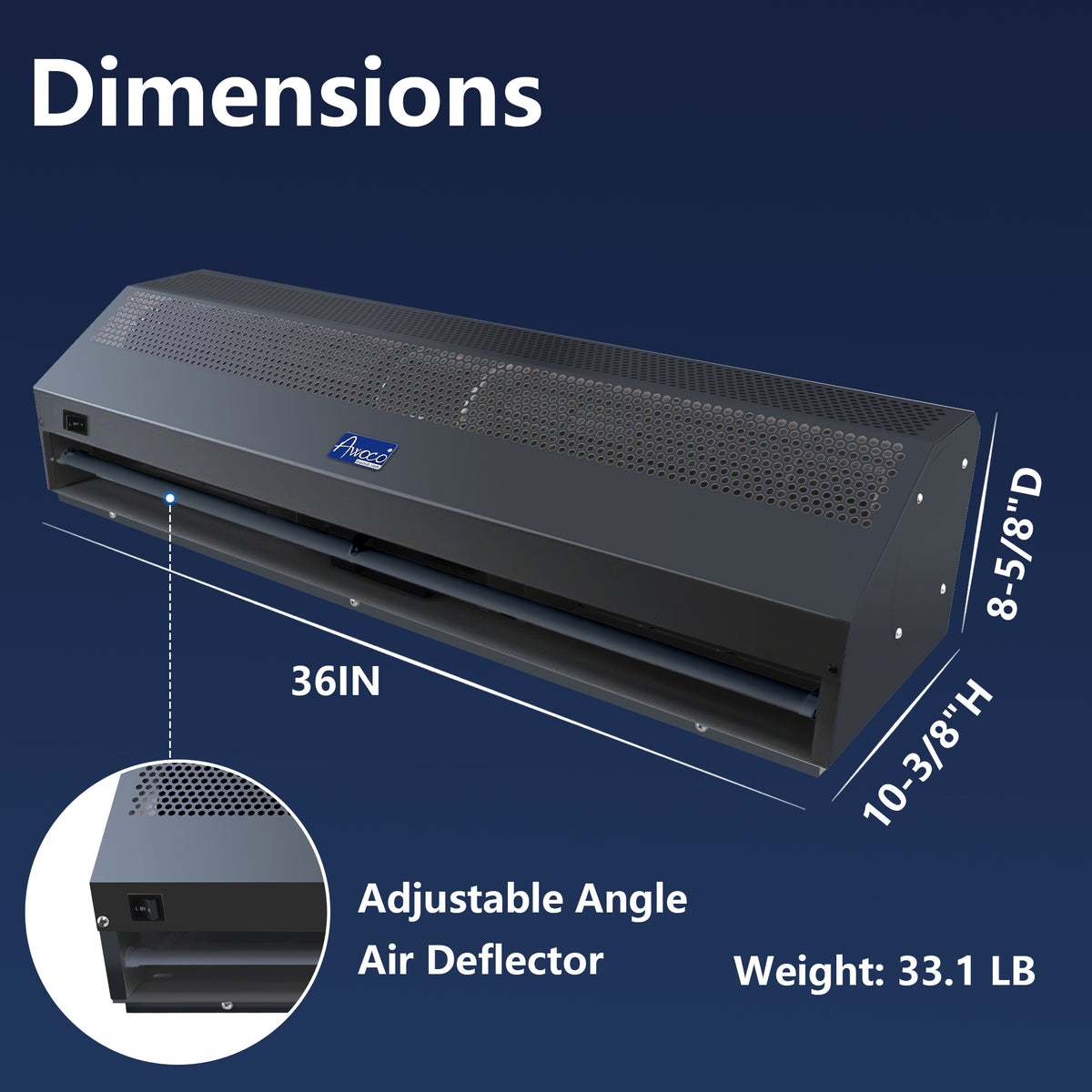Adjustable angle air deflector, 36"W x 8-5/8"D x 10-3/8"H, weight: 33.1 LB