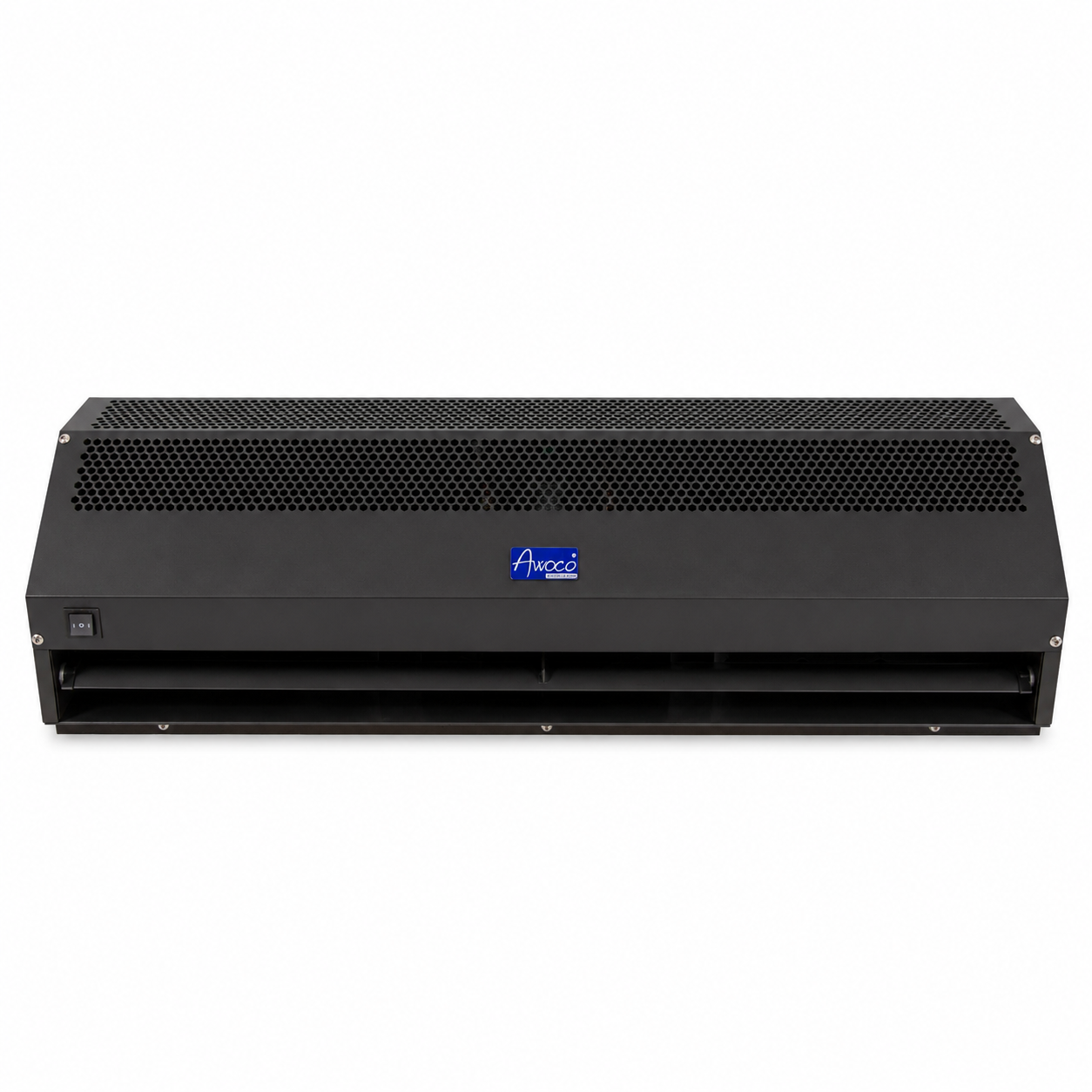 Awoco FM-1509SA1 commercial air curtain with black metal housing and adjustable air outlet on a white background.