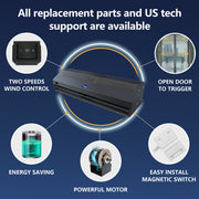 Two speeds wind control, energy saving, powerful motor, easy install magnetic switch, and open door to trigger. 