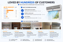 Product review graphic with air conditioner image and customer feedback 
