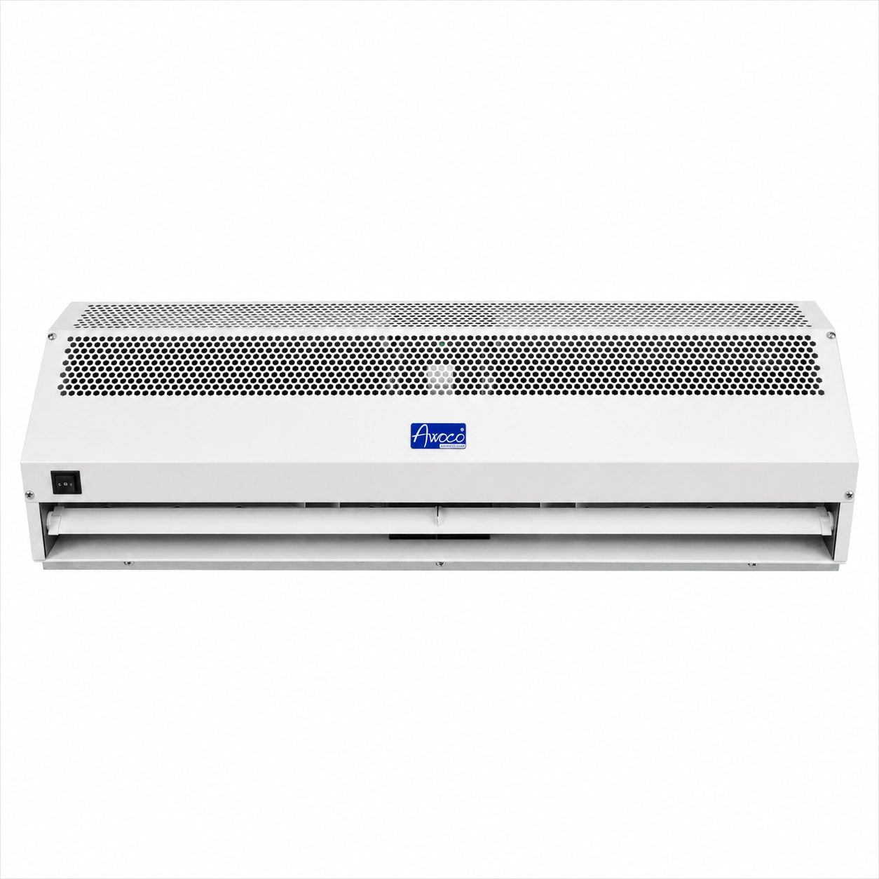 Awoco FM-1509SA1 commercial air curtain with white metal housing and adjustable air outlet on a white background.