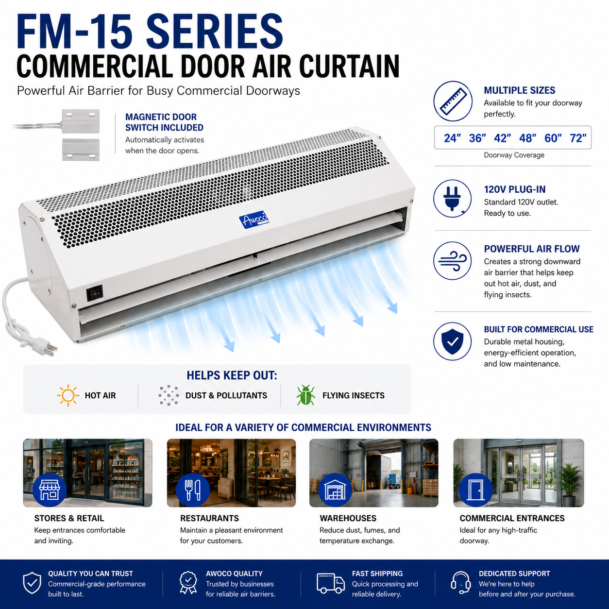 Commercial door air curtain help keep out hot air, dust and pollutants, and flying insects.   