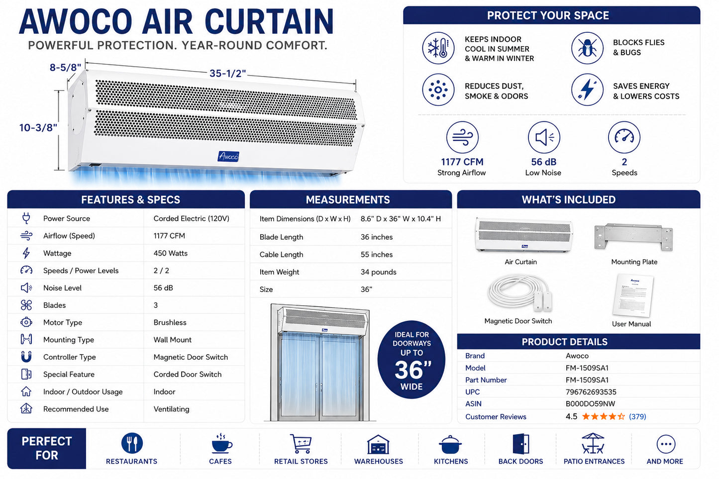 Awoco air curtain product description with features, measurements, and specifications.