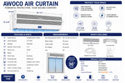 Awoco air curtain product description with features, measurements, and specifications.