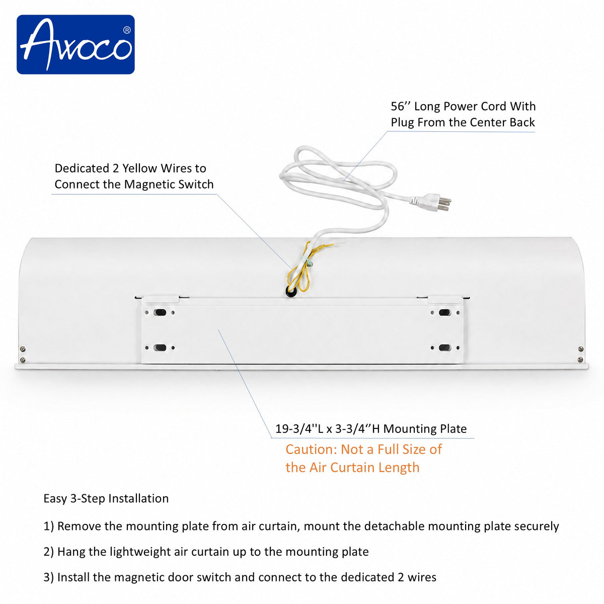 Awco magnetic air curtain switch installation diagram showing a white rectangular switch with a white power cord, yellow wire connections, mounting plate dimensions, and installation steps with it.