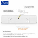 Awco magnetic air curtain switch installation diagram showing a white rectangular switch with a white power cord, yellow wire connections, mounting plate dimensions, and installation steps with it.