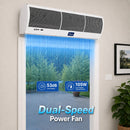 A white wall-mounted dual-speed power fan shown above a doorway, 53dB Low Noise and 105W Low Power Consumption. 