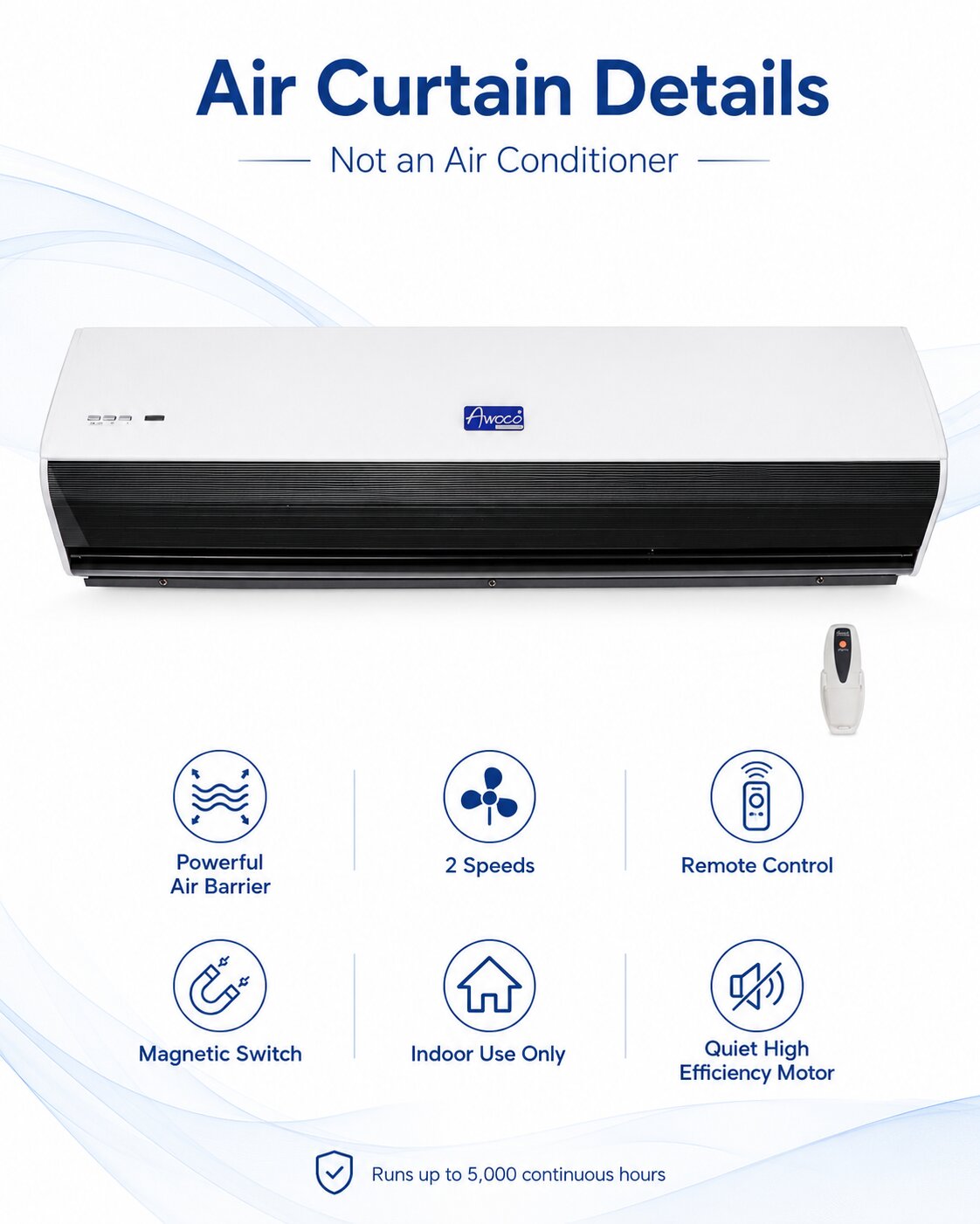 Powerful air barrier, 2 speeds, remote control, magnetic switch, indoor use only, and quiet high efficiency motor.