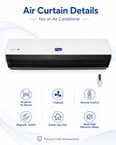 Powerful air barrier, 2 speeds, remote control, magnetic switch, indoor use only, and quiet high efficiency motor.