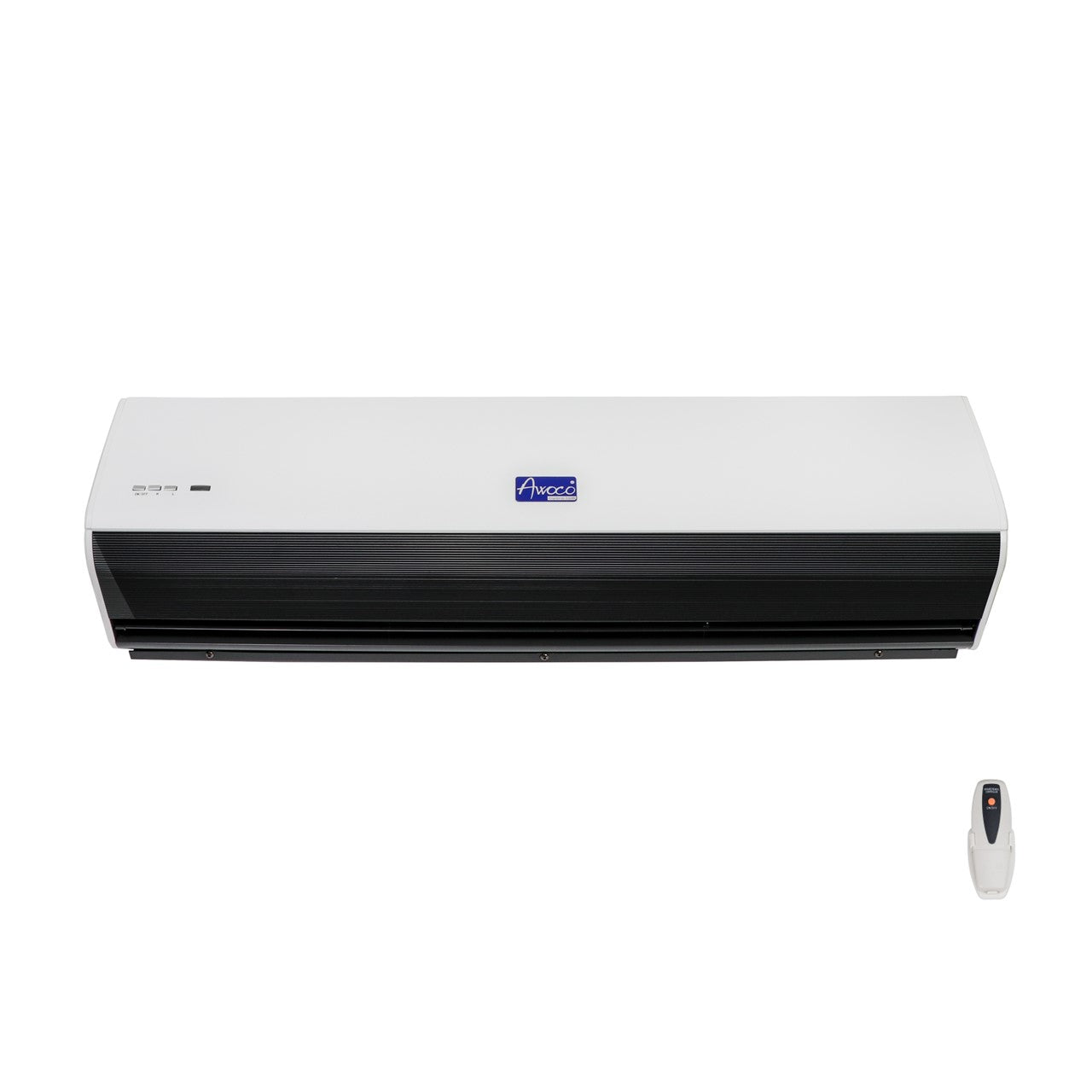 An Awoco Elite Series air curtain with a remote control. 
