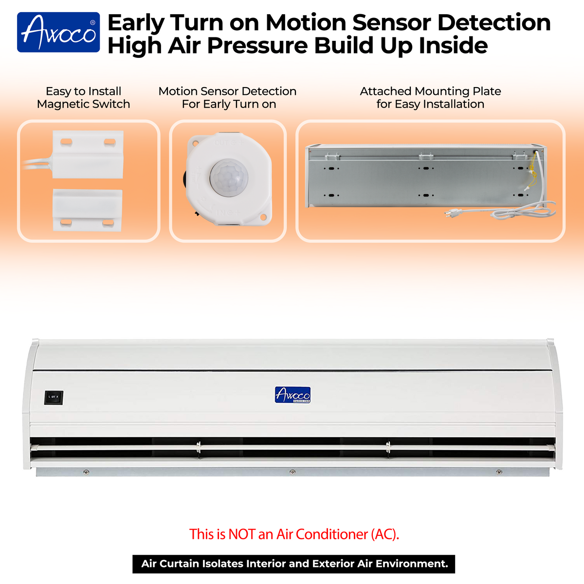 Air curtain with motion sensor detection , magnetic switch, and mounting plate 