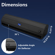 Black Awoco air curtain 36"L x 8.3/5"D x 10.2/5"H. Have adjustable angle air deflector.