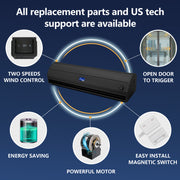 Two speeds wind control, open door to trigger, energy saving, powerful motor, and easy install magnetic switch.