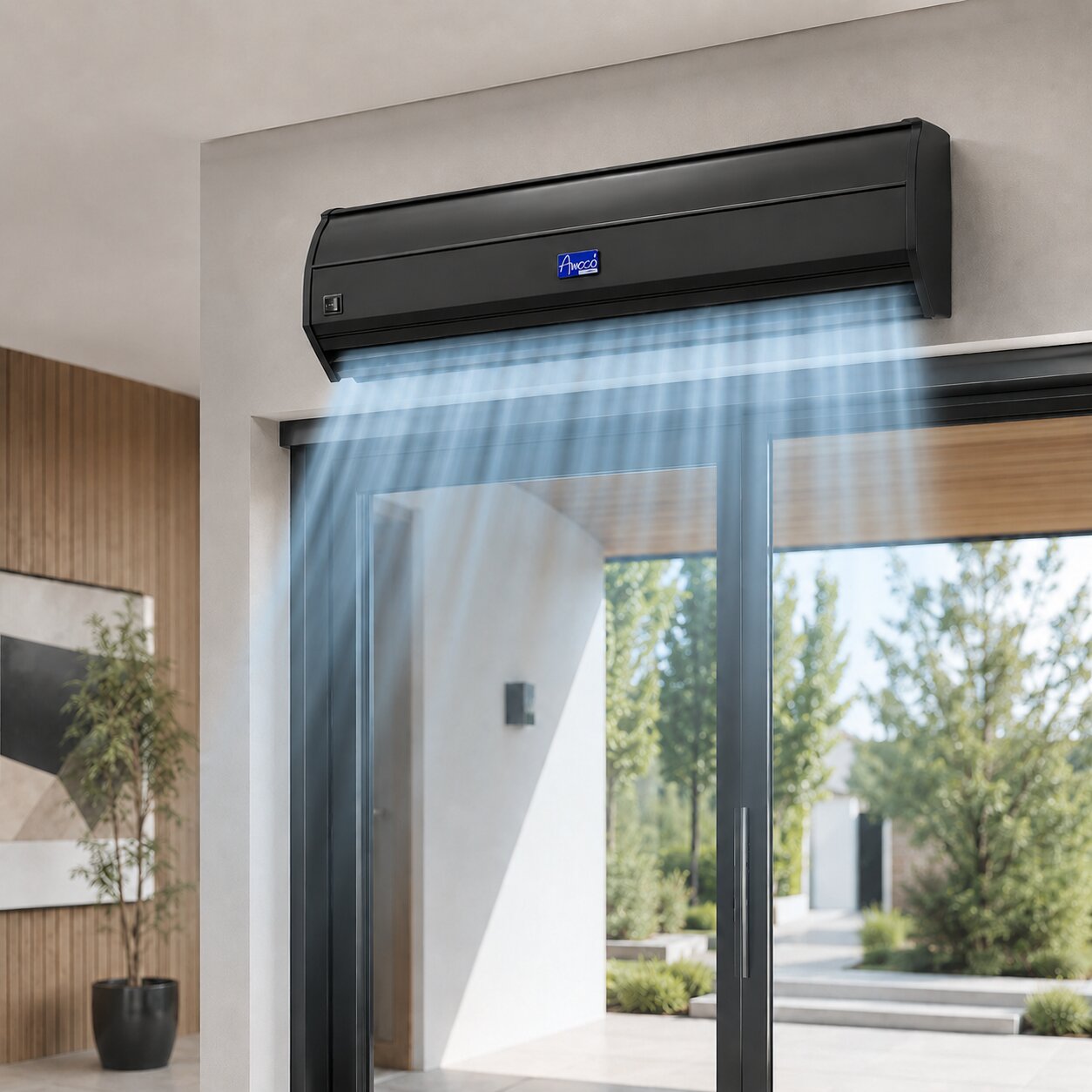 FM3509 black horizontal wall-mounted air curtain unit installed above doors, shown projecting outside into a landscaped patio area. The scene is set in a modern interior with wood paneling and a potted plant.