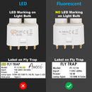 Comparison of LED and fluorescent light bulbs with labels on fly traps.