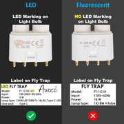 Comparison of LED and fluorescent light bulbs with labels on fly traps.