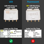 Comparison of LED and fluorescent light bulbs with labels on fly traps.