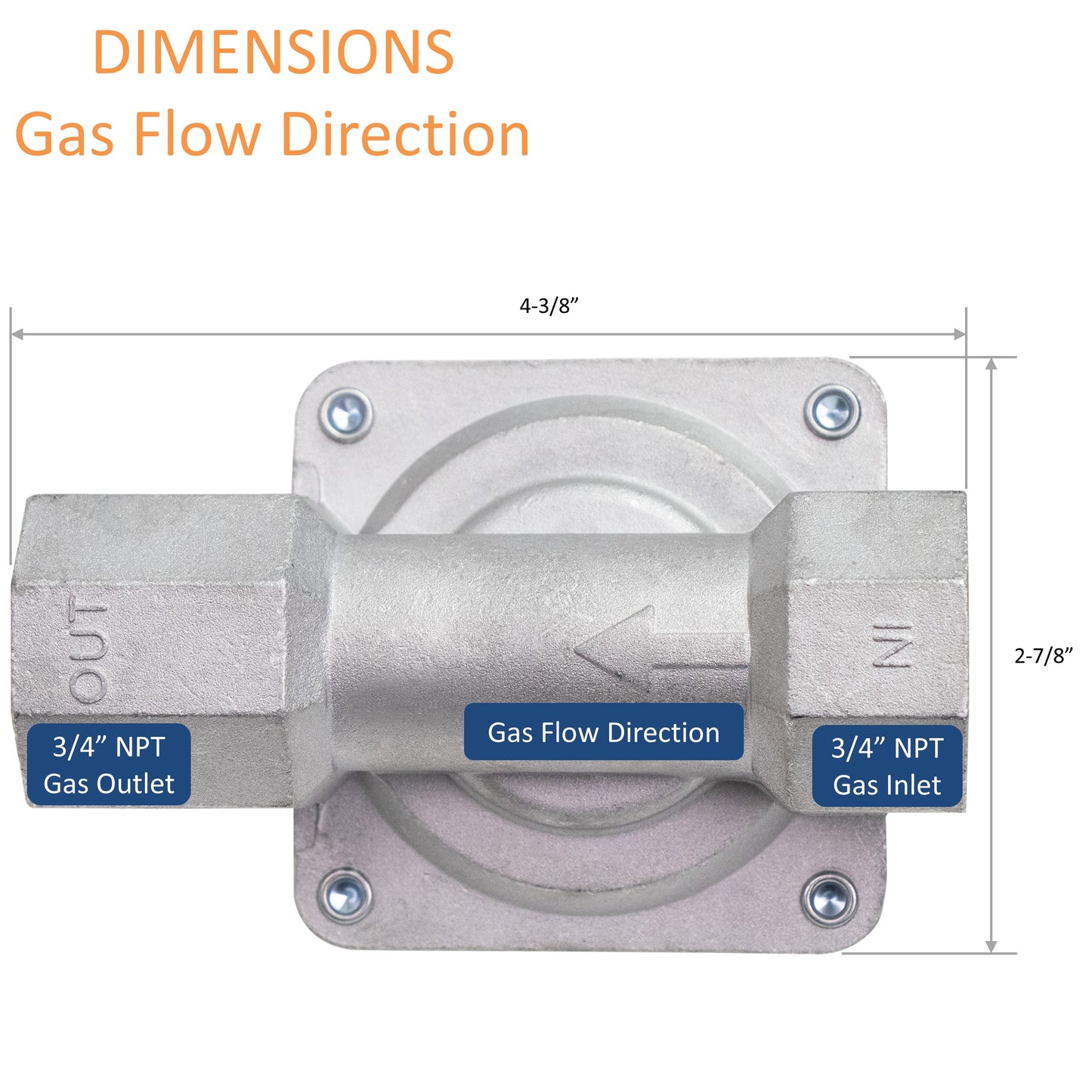 Gas flow direction, 3/4" NPT gas outlet and inlet
