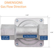 Gas flow direction, 3/4" NPT gas outlet and inlet