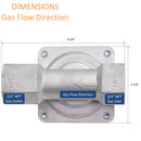 Gas flow direction, 3/4" NPT gas outlet and inlet