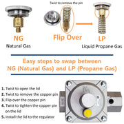 Instructions for swapping between natural gas (NG) and liquid propane gas (LP) on a valve.