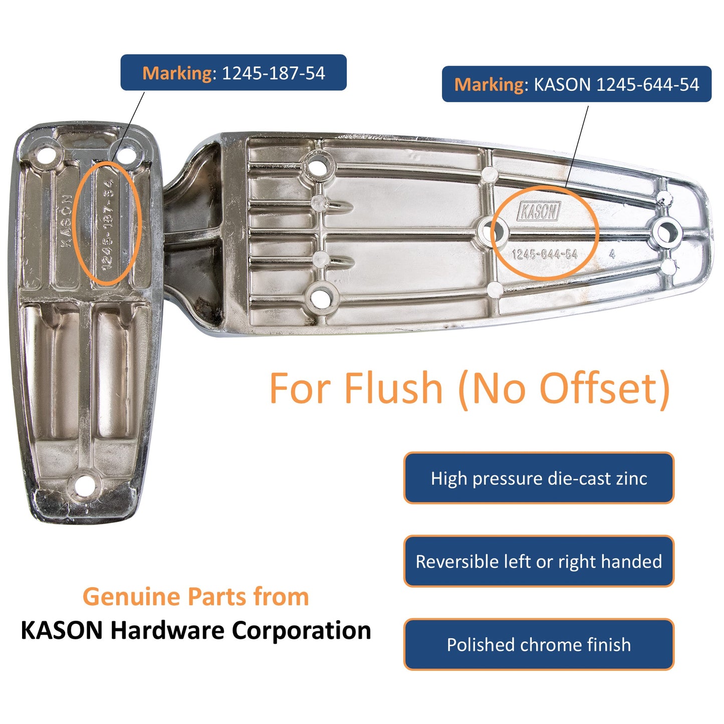 Kason 1245 Reversible Cam-Rise Walk-In Hinge, Flush Marking