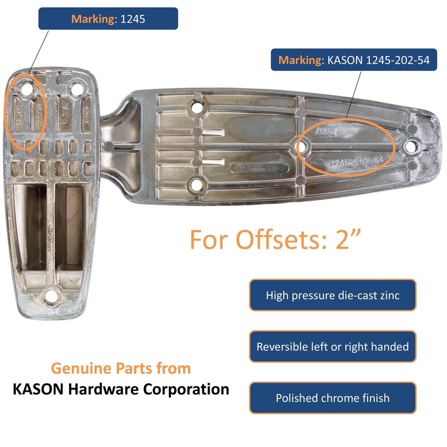 Kason 1245 Reversible Cam-Rise Walk-In Hinge, 2" Offset