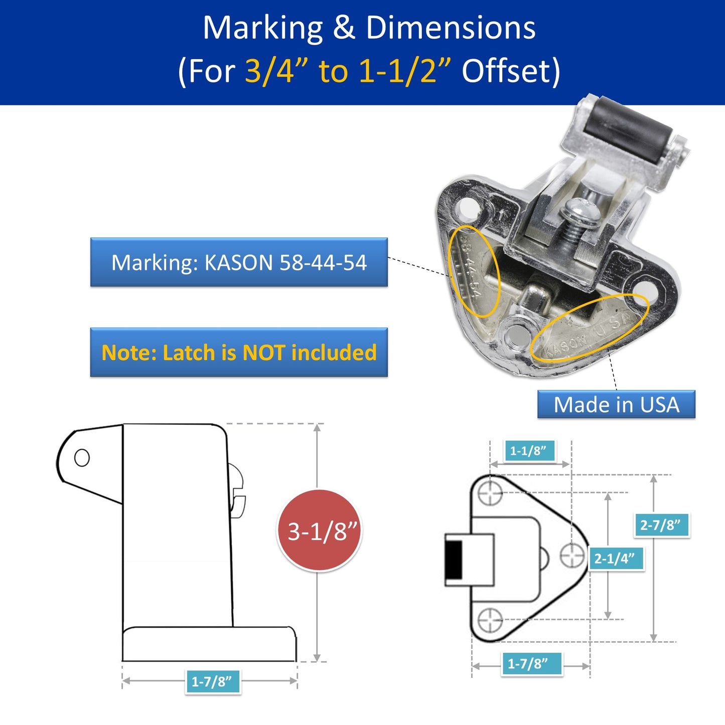 Kason 0058 Series Roller Strike C Offset 3/4" to 1-1/2" Marking & Dimensions