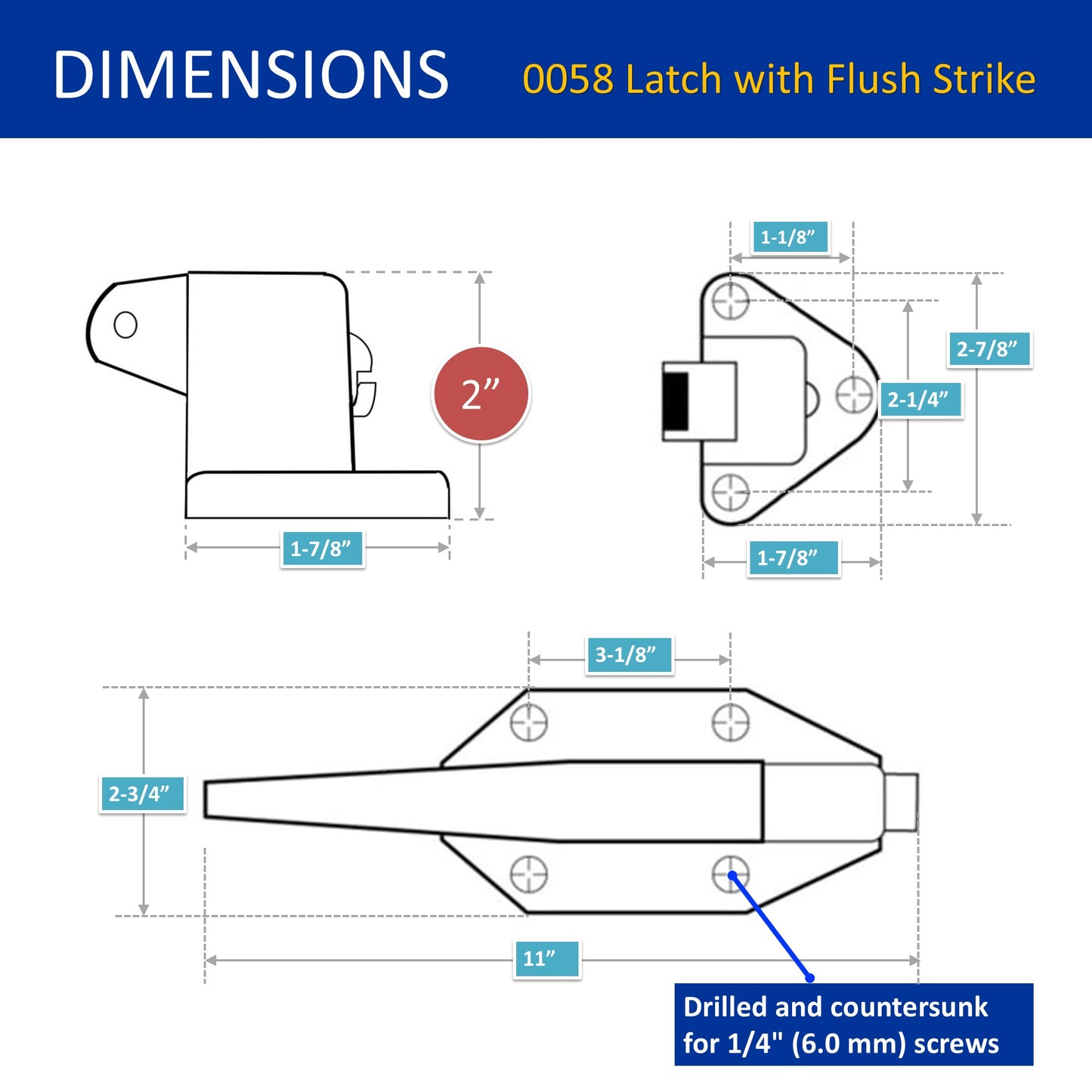 Kason 0058 Chrome Finish Latch with Strike Flush Dimensions