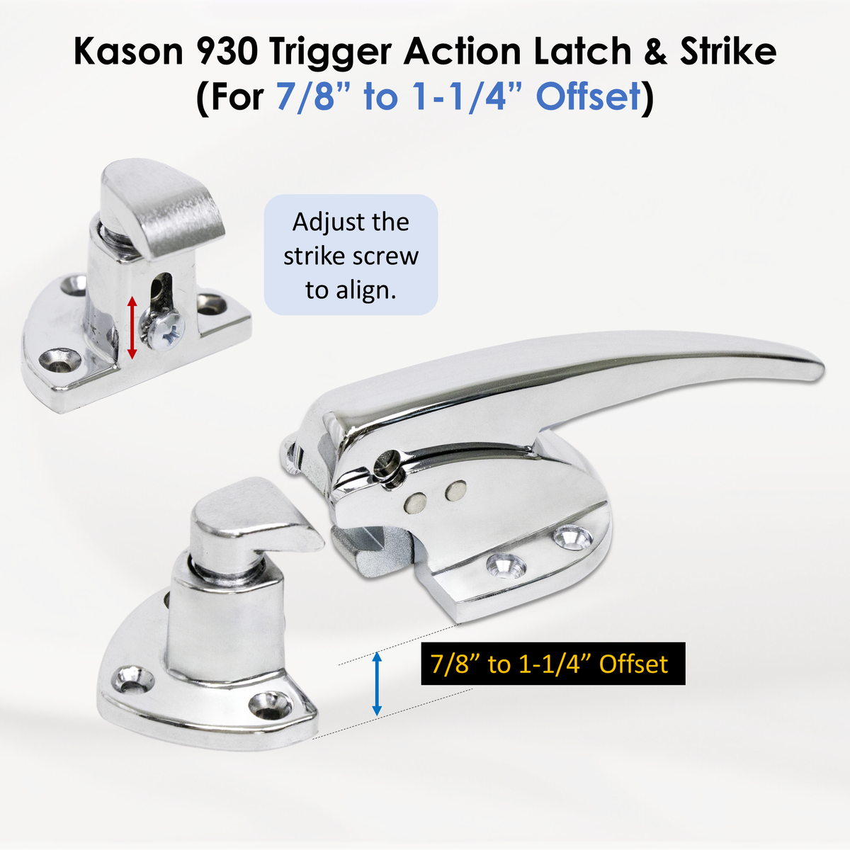 Kason 930 Trigger Action Latch with Adjustable Strike, Latch with Strike D 7/8" to 1-1/4" (3 Holes) Diagram