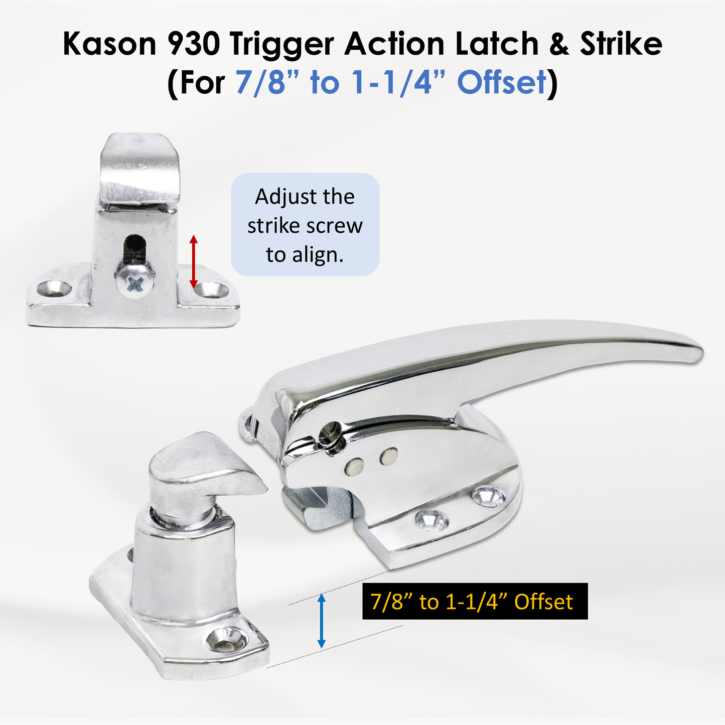 Kason 930 Trigger Action Latch with Adjustable Strike, Latch with Strike E 7/8" to 1-1/4" (2 Holes) Diagram
