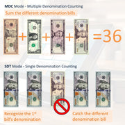MDC Mode can sum the different denomination bills vs. SDT mode is single denomination counting