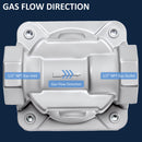 Gas flow direction valve with labeled 1/2" NPT gas inlet and 1/2" NPT gas outlet 