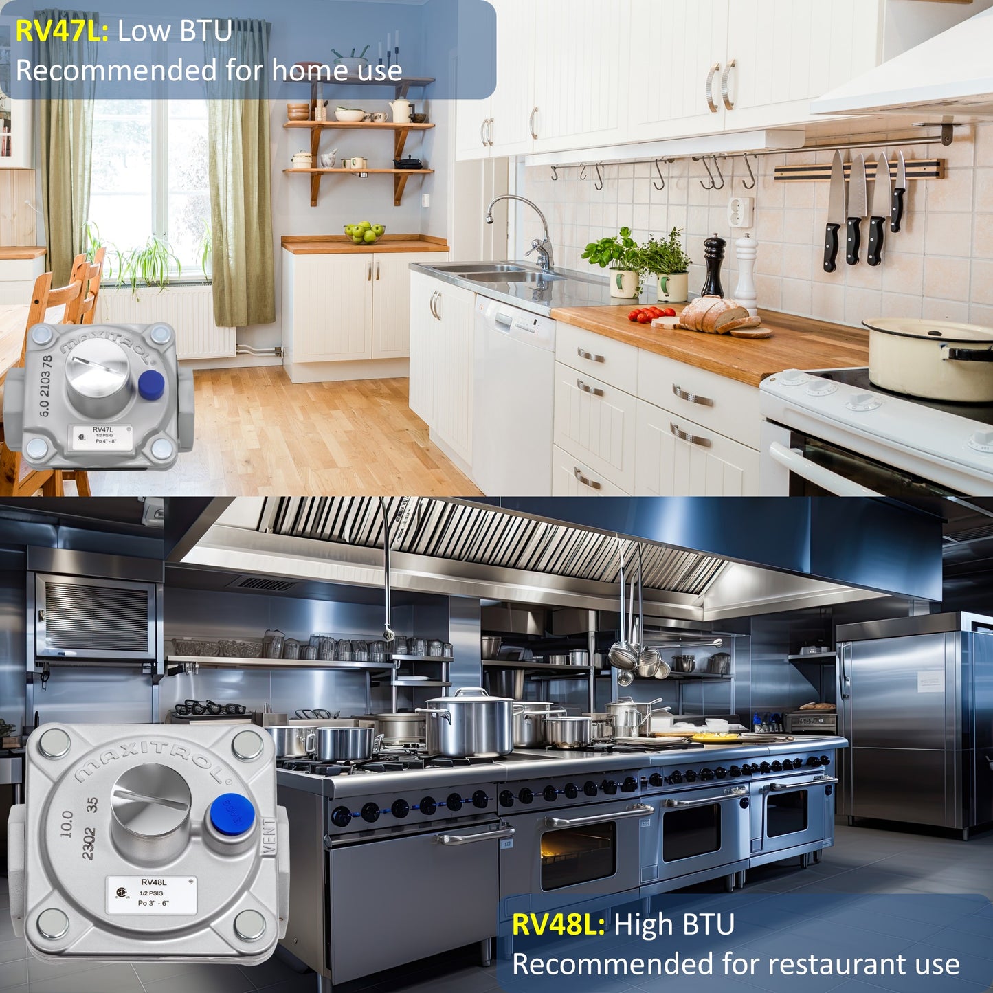 Collage of a modern kitchen with different BTU rating controls for home and restaurant use.