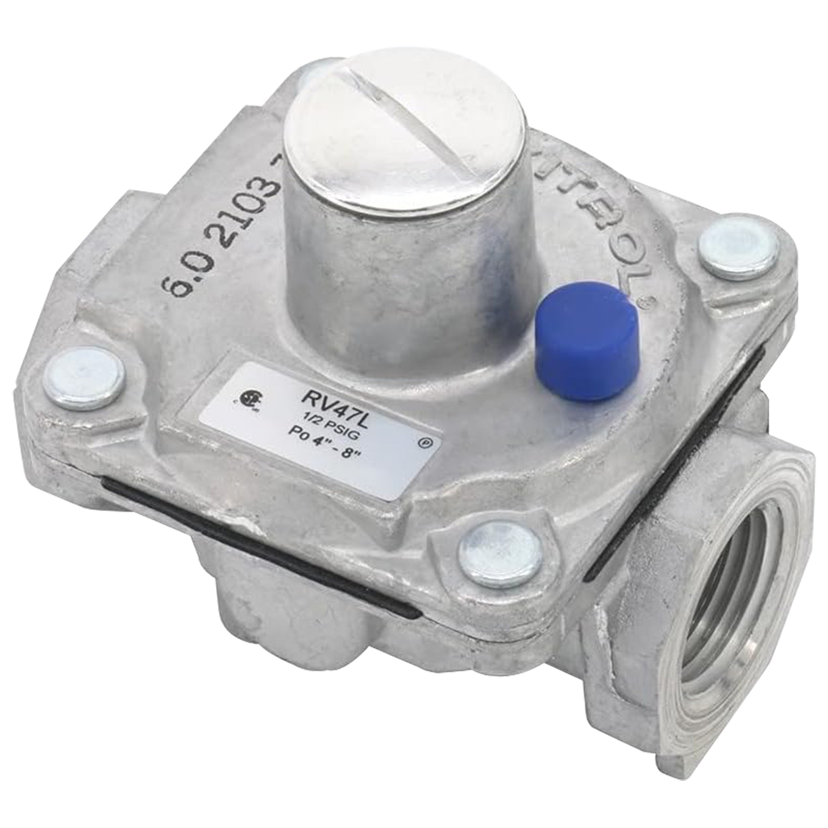 Maxitrol RV47L Natural Gas Pressure Regulator, with a 1/2 inch FPT thread and a blue adjustment knob