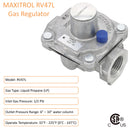 MAXITROL RV47L gas regulator, liquid propane, outlet pressure range 6"-10" water column, and operate temperature 32°F - 225°F