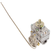 A silver-colored Robertshaw gas oven thermostat with a capillary tube and bulb.