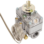 A silver-colored Robertshaw gas oven thermostat with a capillary tube and bulb.