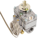 A silver-colored Robertshaw gas oven thermostat with a capillary tube and bulb.